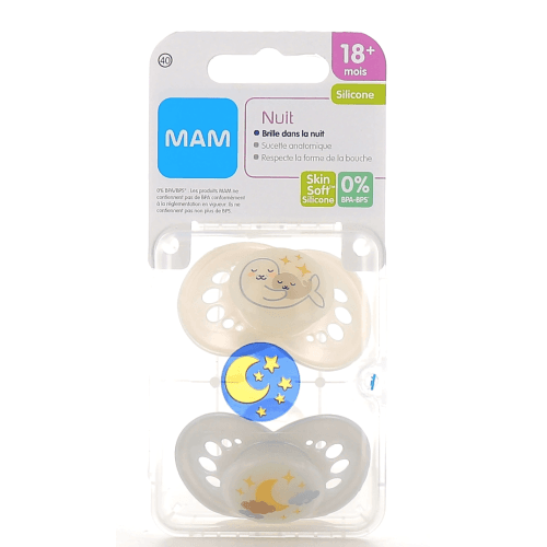 MAM ORIGIN SUCETTE NUIT SILIC +18M B/2