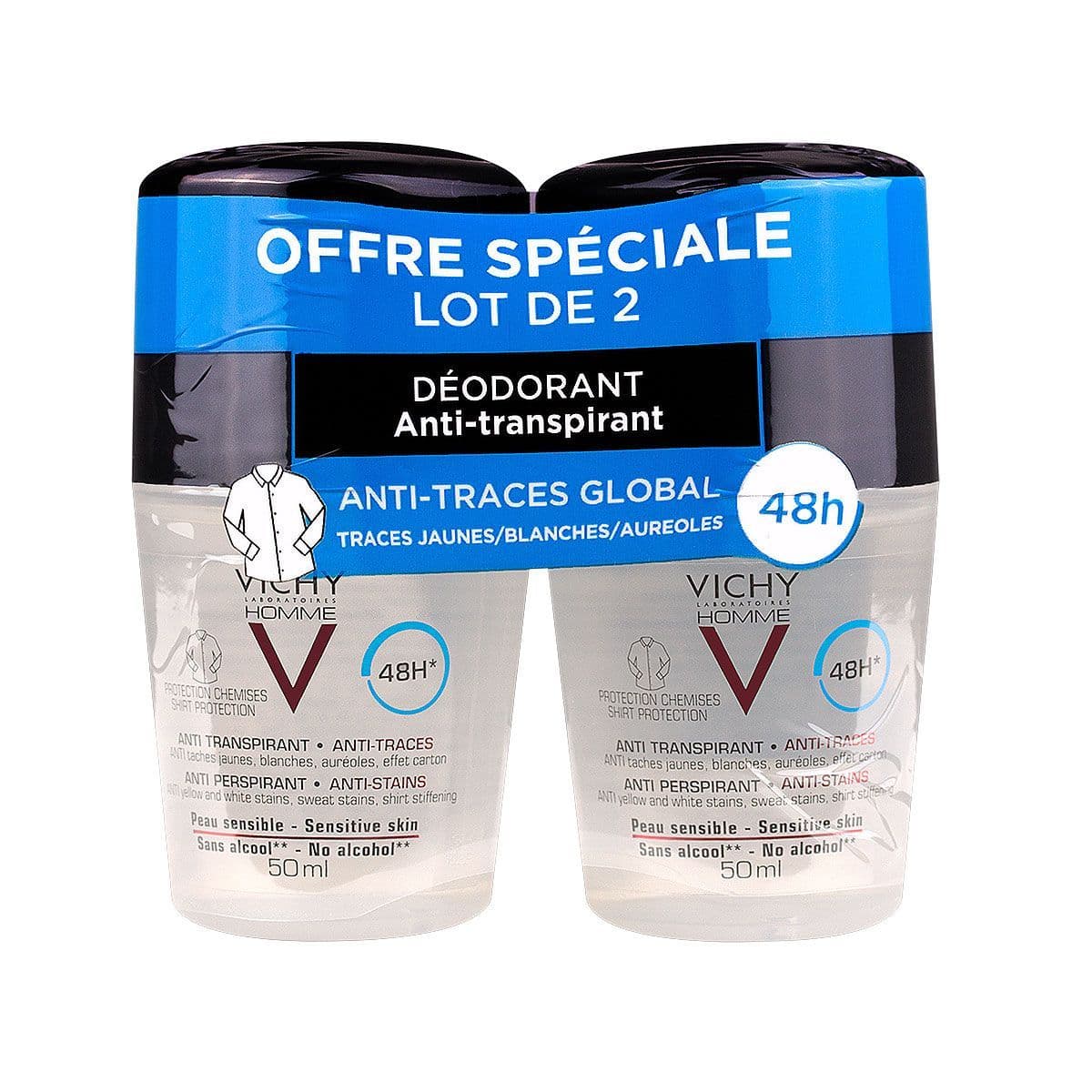 VICHY HOMME DEOD ANTI-TRANSP 48H 2BILLES/50ML